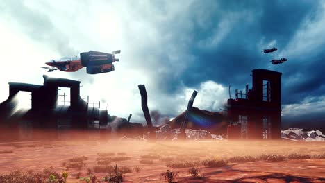 alien spaceships fly over the post-apocalyptic destroyed city. the concept of apocalypse. looped animation.