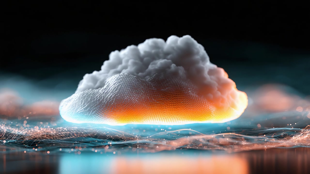 A Stunning Visual Transformation of a Cloud in an Abstract Environment, Showcasing Evolving Colors and Textures Against a Dark Background
