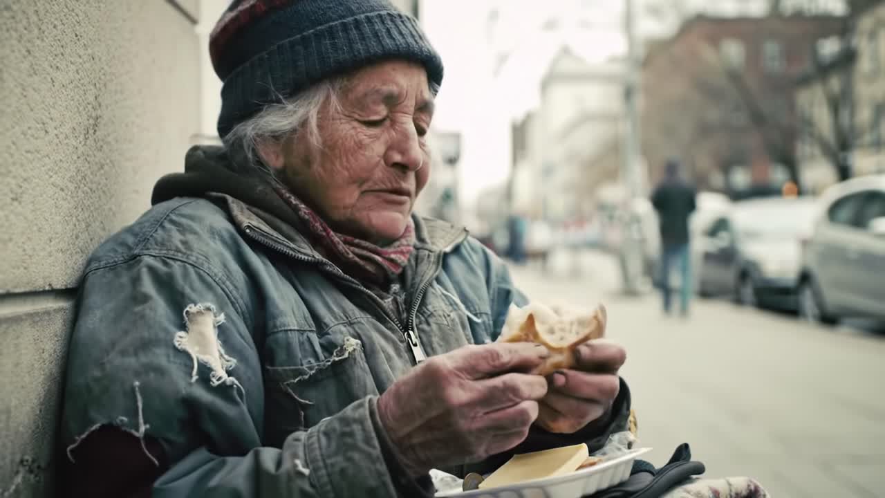 An elderly woman sits against a wall on a chilly city street, savoring a simple meal. She wears warm clothing, showing signs of wear, and highlights the daily struggles of the homeless.