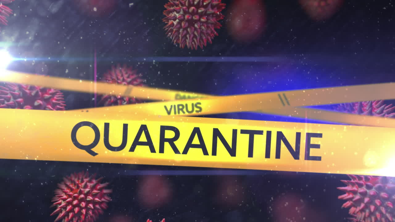 Cellule animate di COVID-19 e concetti di quarantena raffigurati con nastro giallo