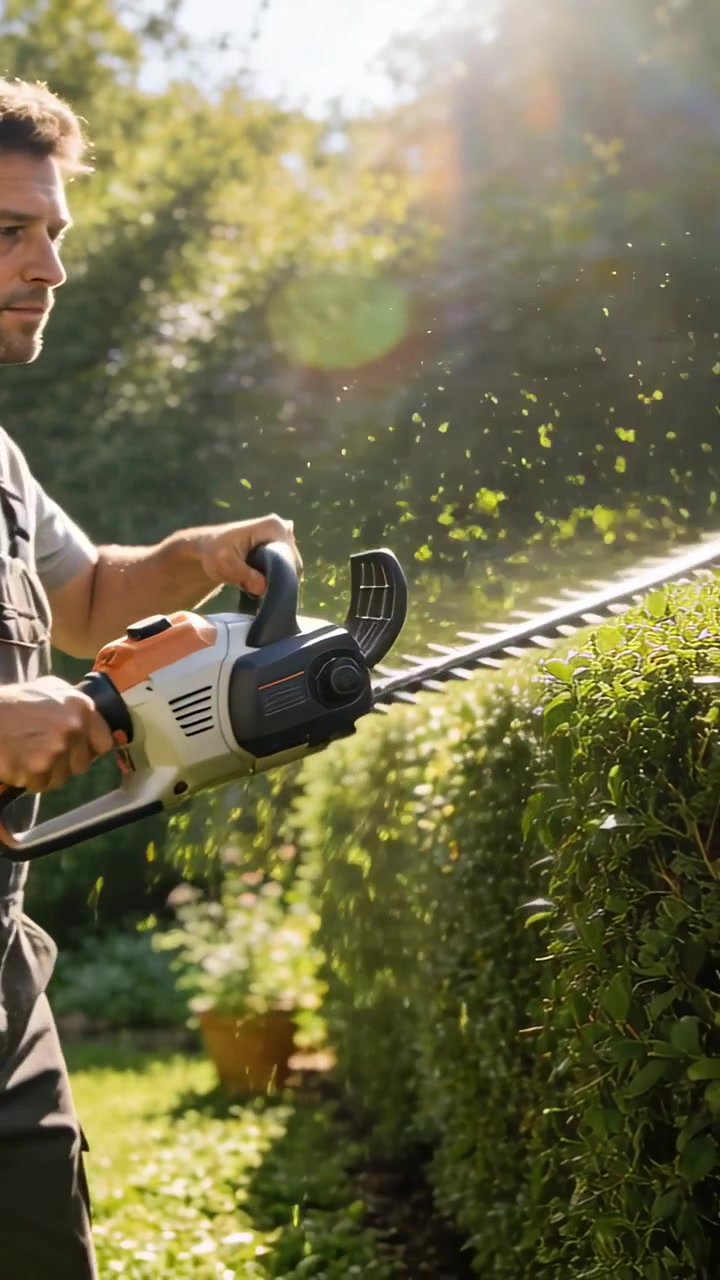Vertical video: Aligning blade, man in tee trimming hedge in yard to shape with trimmer, copy space