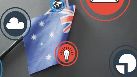 animation of digital media icons over flag of australia on dark background