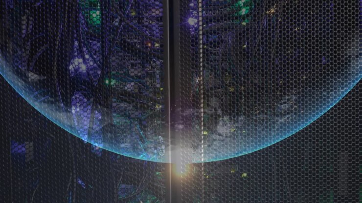 Animation of globe over illuminated data server system in server room
