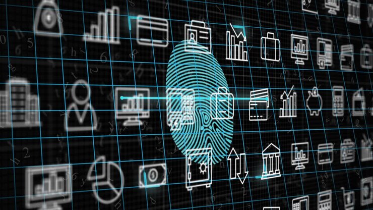 Animation of icons over fingerprint icon on black background