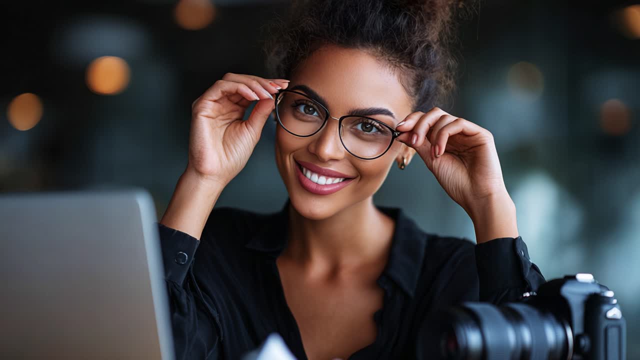 A confident woman in glasses smiling while at her workspace, showcasing a blend of professionalism and comfort, with a camera and laptop in her well-lit environment