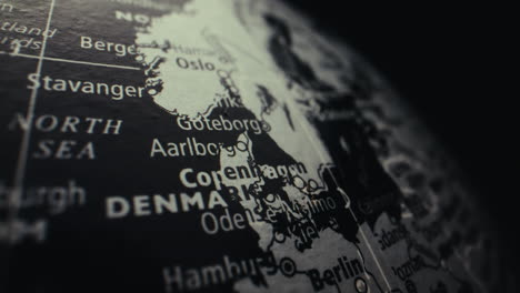 close-up of a world globe focusing on northern europe