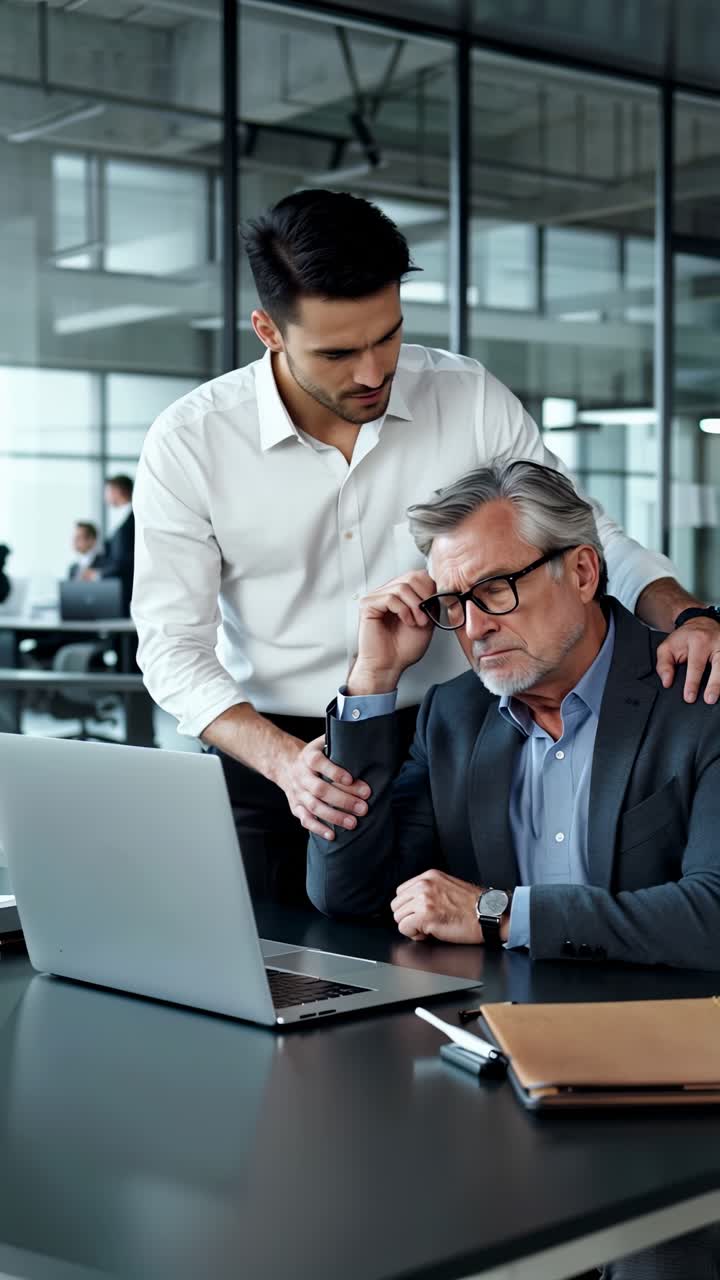A man in a suit is sitting at a desk with a laptop open