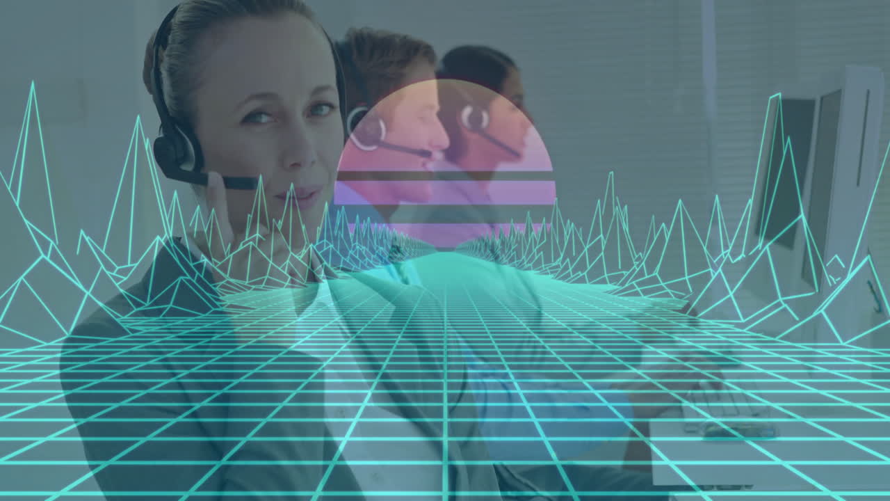 Call center employees working with digital grid and sunset animation overlay