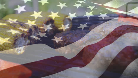 maíz americano a la parrilla y hamburguesas