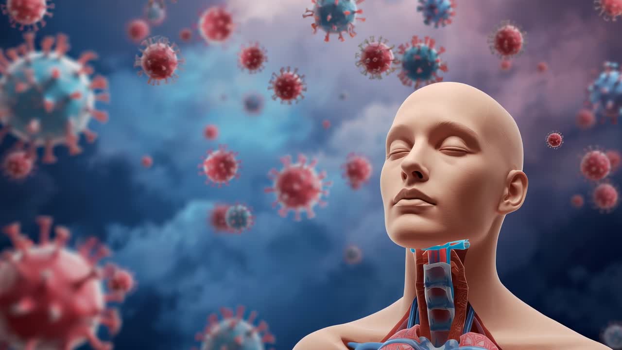 As camera panning left framing bust displaying trachea amid viruses highlighting risk, copy space