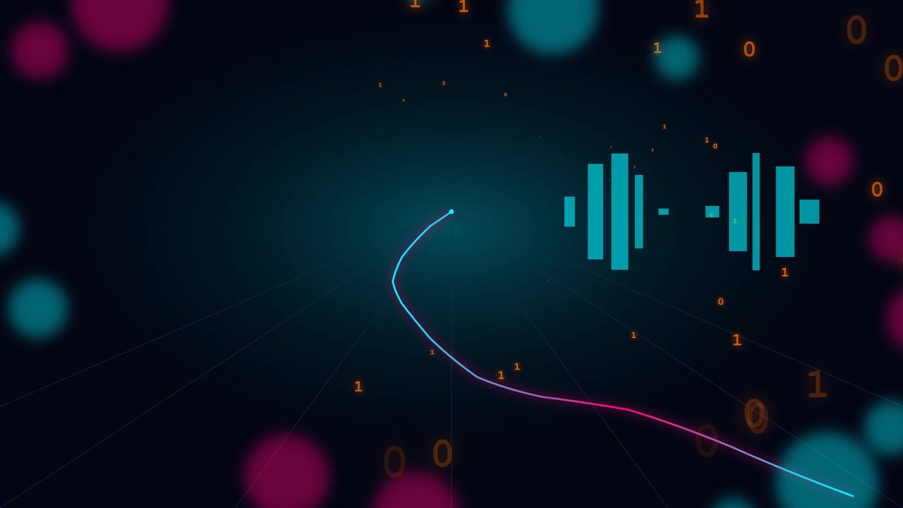 Abstract Digital Data Visualization with Floating Binary Code and Sound Waves