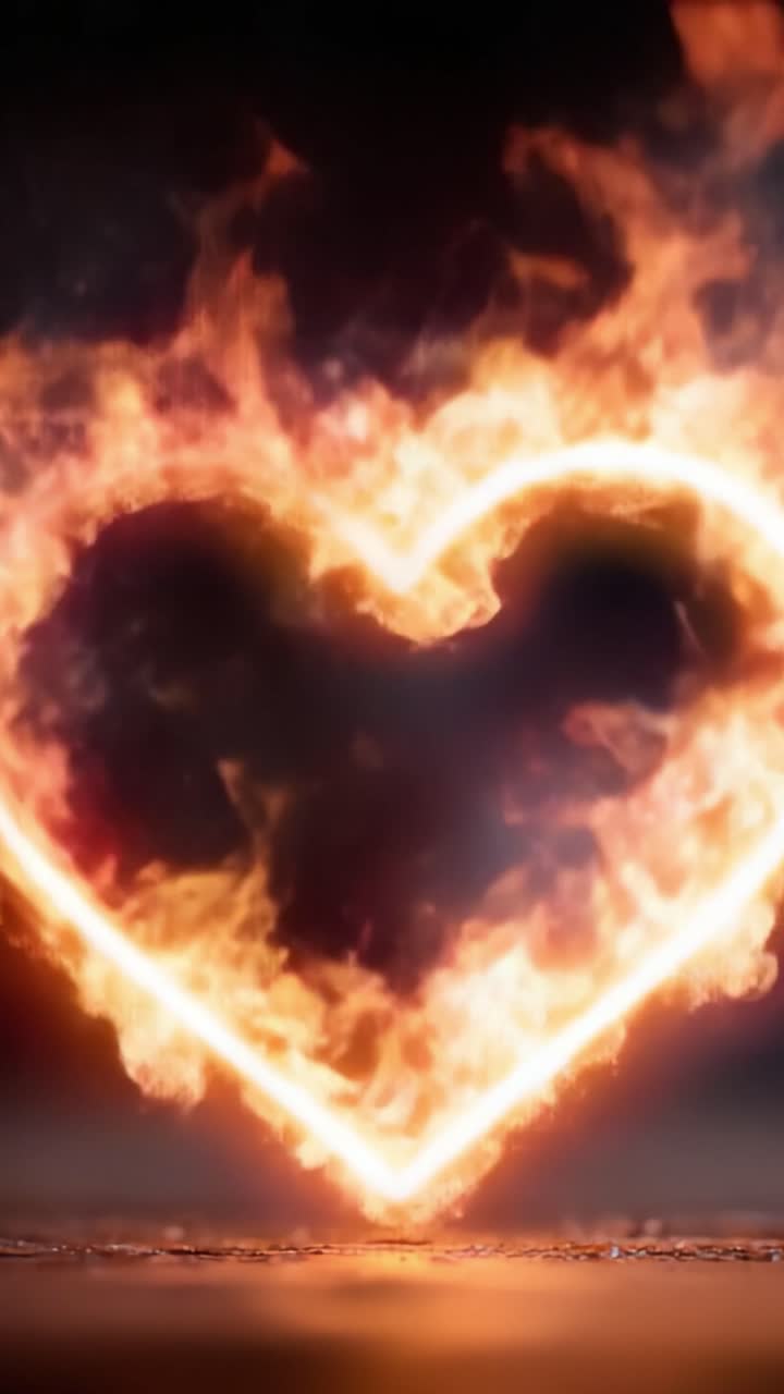 Uno Spettacolo Accattivante di Passione: Un Fuoco a Forma di Cuore con Fiamme Pulsanti su uno Sfondo Scuro, Simbolo di Amore, Energia e Vitalità.