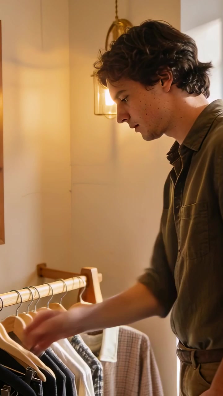 Vertical video: Approaching rack, man in olive shirt scanning hangers in warm room, checking fit