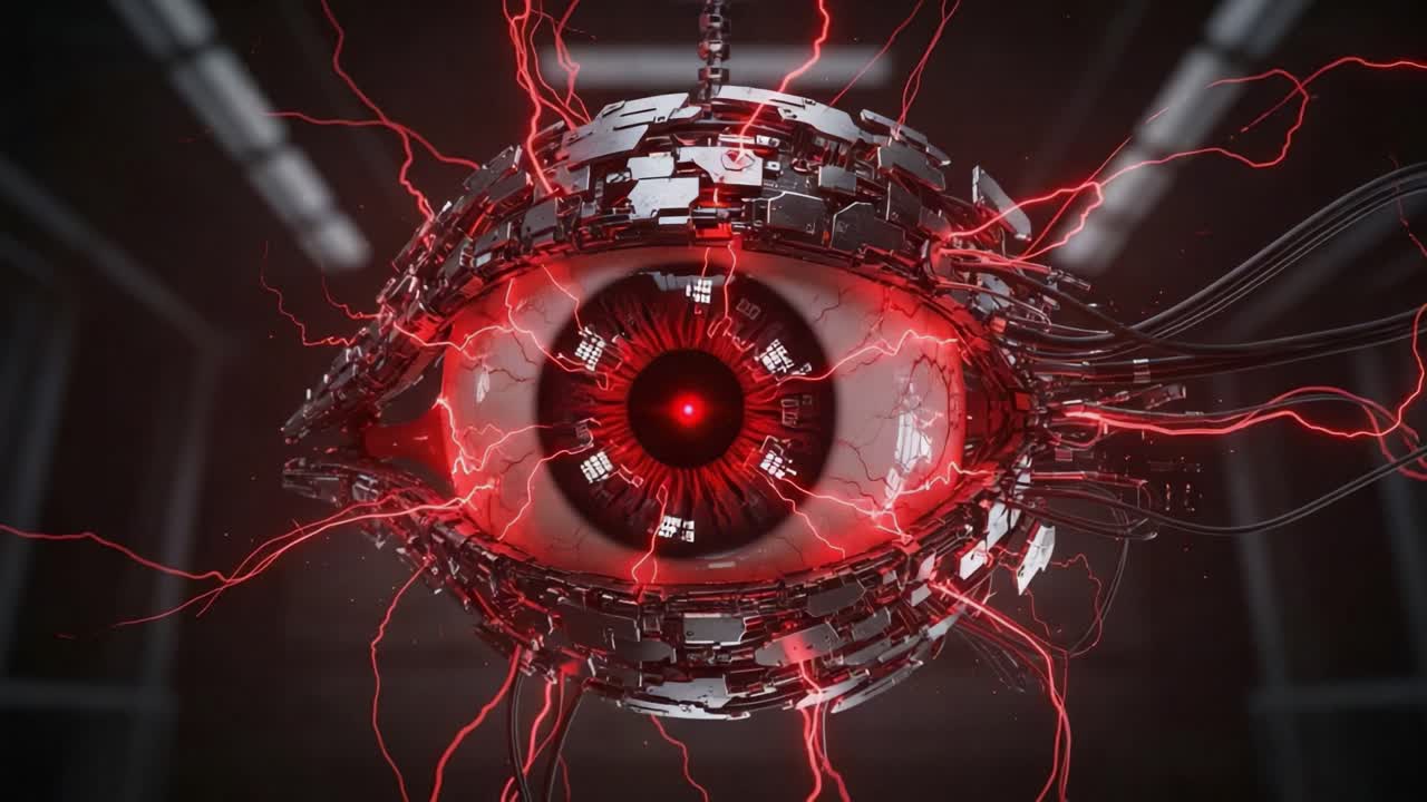A Futuristic Mechanical Eye Surrounded by Pulsating Red Electric Energy, Capturing the Essence of Advanced Technology and Vigilance in a Dark Environment