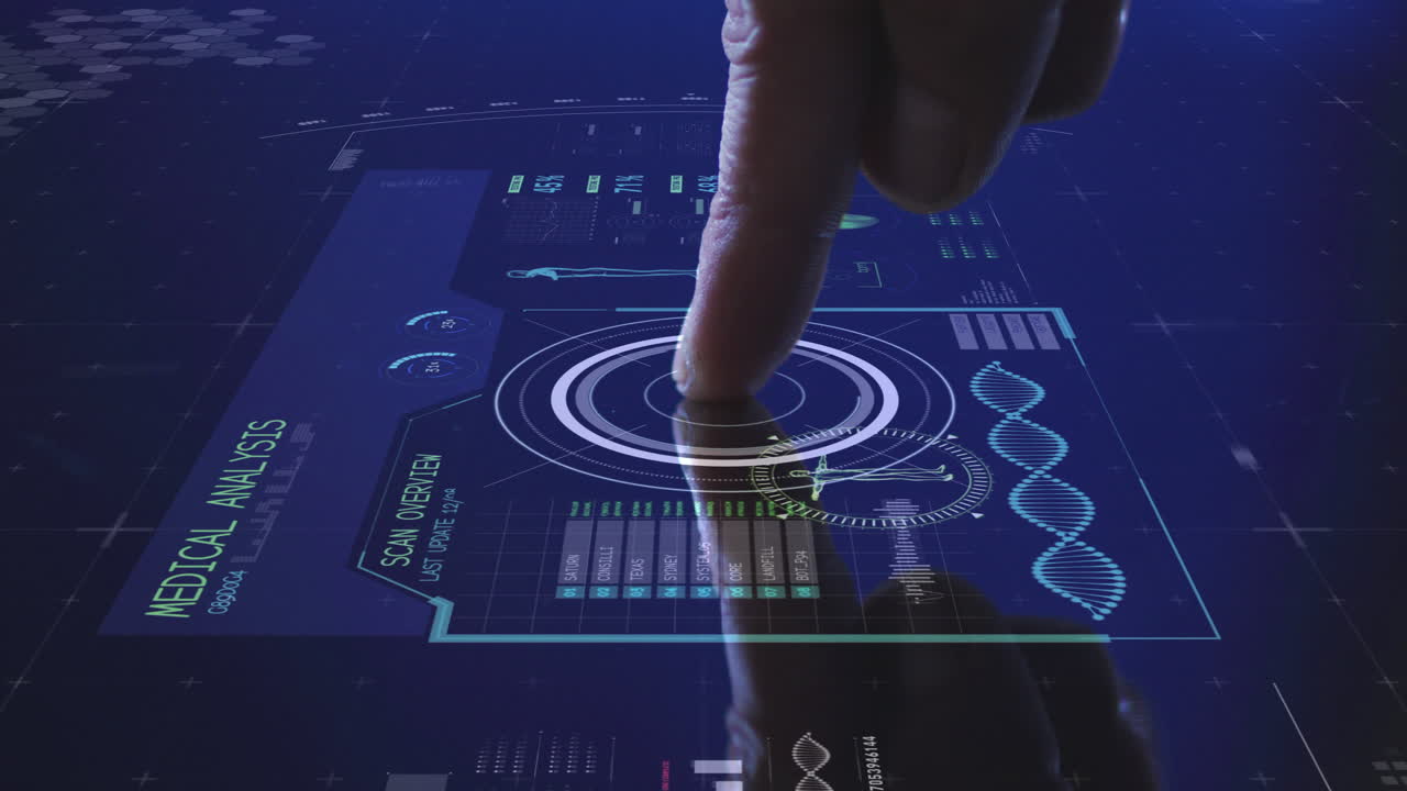 Animation of man's finger touching interactive screen with medical data processing