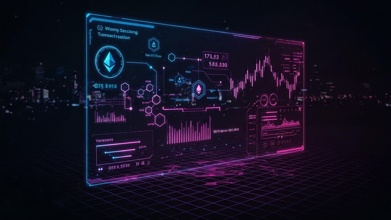 Futuristic Digital Dashboard Showcasing Ethereum Analytics, Gas Fees, and Transaction Data in a Neon-Infused Urban Environment