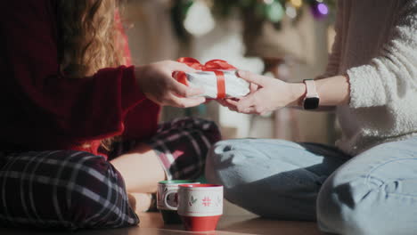 woman giving christmas gift to sister while sitting on floor at home