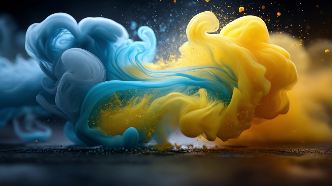 Dramatic collision of blue and orange swirling smoke clouds against a dark background