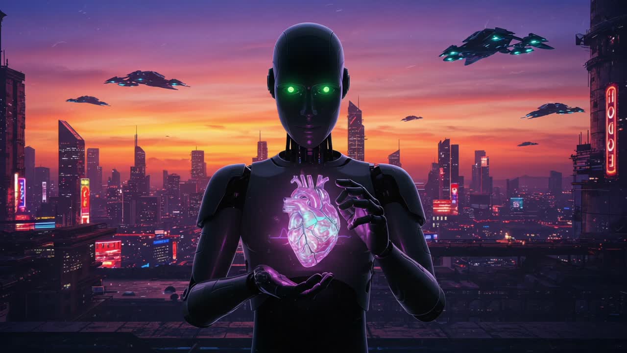 Futuristic Robot Holding a Glowing Heart in a Cyberpunk Cityscape at Sunset: A Striking Journey from Physical to Digital Existence