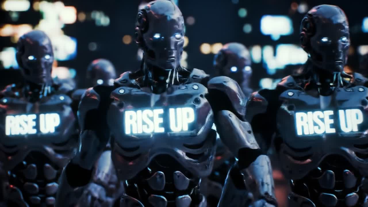A Futuristic Assembly of Robots Displaying a Bold 'Rise Up' Message, Signifying a Call to Action in a High-Tech Environment of Advanced Technology and Innovation