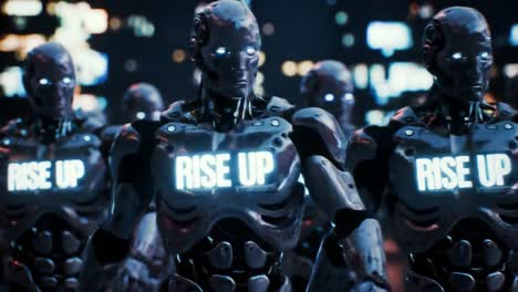 a futuristic assembly of robots displaying a bold 'rise up' message, signifying a call to action in a high-tech environment of advanced technology and innovation