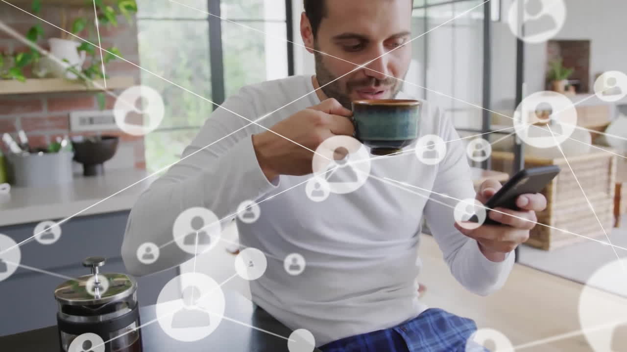 스마트 폰을 사용하는 코카시안 남자에 대한 아이콘과의 연결 네트워크의 애니메이션
