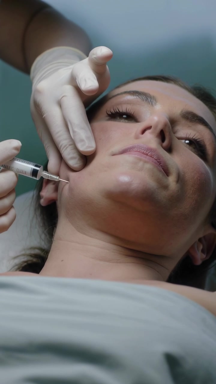 Video verticale: Medico guantato entra in clinica, tiene la mascella del paziente e inietta una siringa per la definizione della mascella.