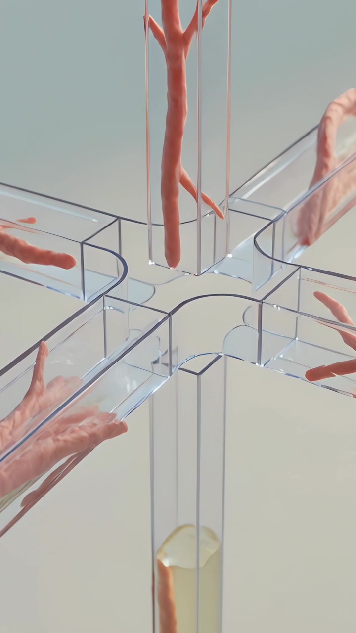 Vertical video: Advancing frames clear cross moving with pink stalk sliding down shaft forming drop