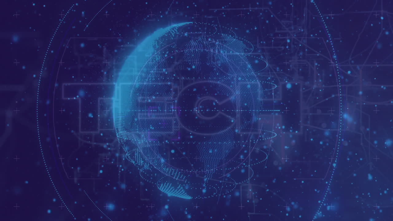 Animation of tech text and globe over spots