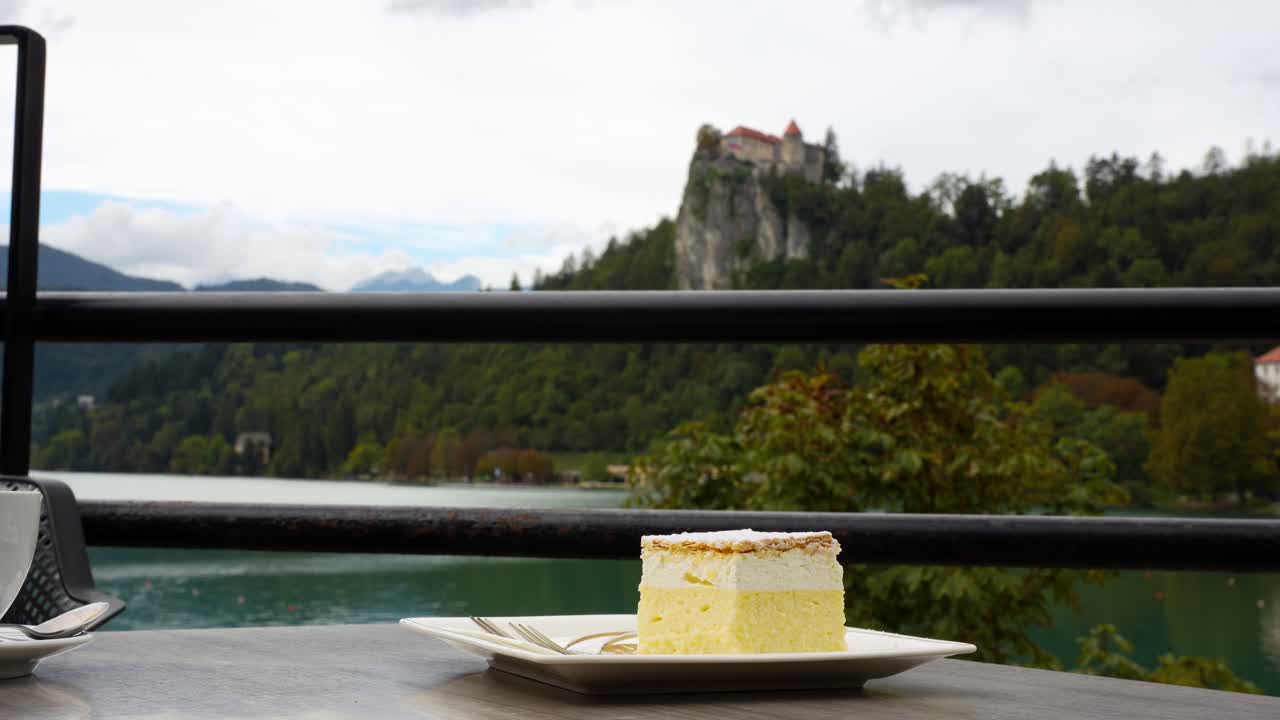 Famous Bled Cream Cake or Kremšnita at Kavarna Park Café. Zoom in