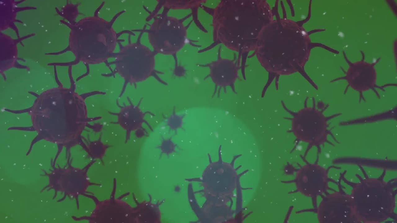 Animation of macro covid 19 cells floating on green background