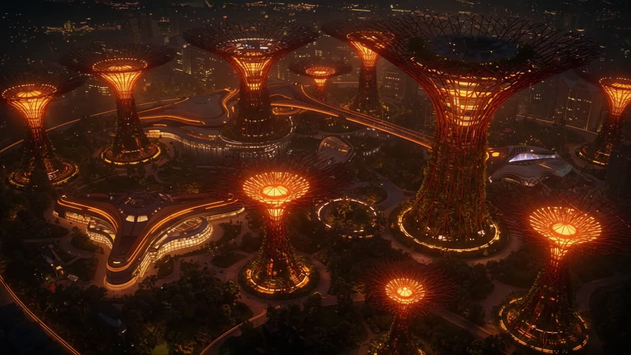 A Stunning Aerial View of Futuristic Urban Structures Illuminated by Warm Lights, Showcasing Towering Tree-like Designs Against a Night Sky in a Vibrant Cityscape