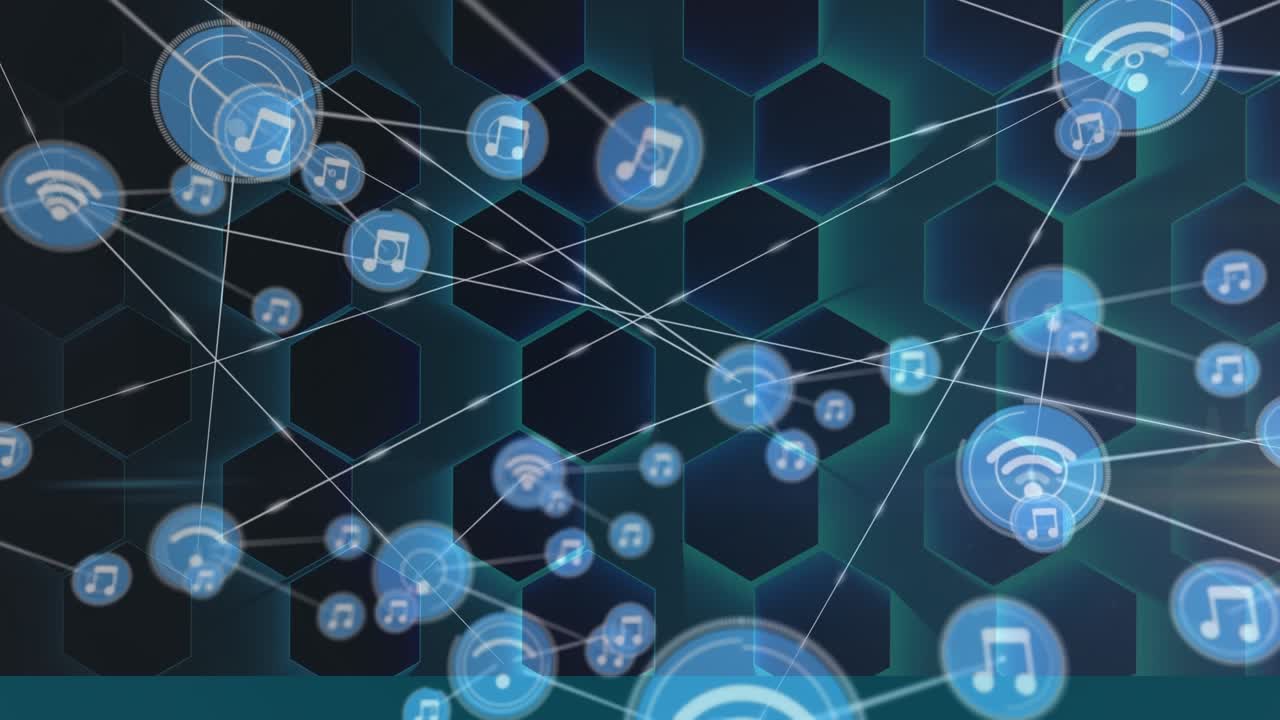 Animasi koneksi dan heksagon di ruang digital hijau