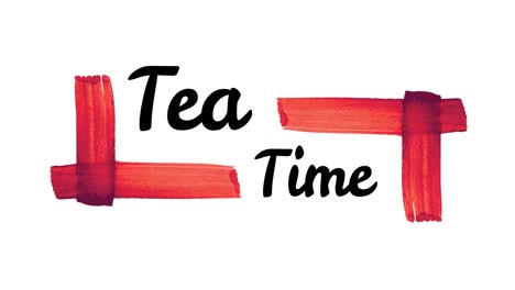 animation of tea time text with red shapes on white background