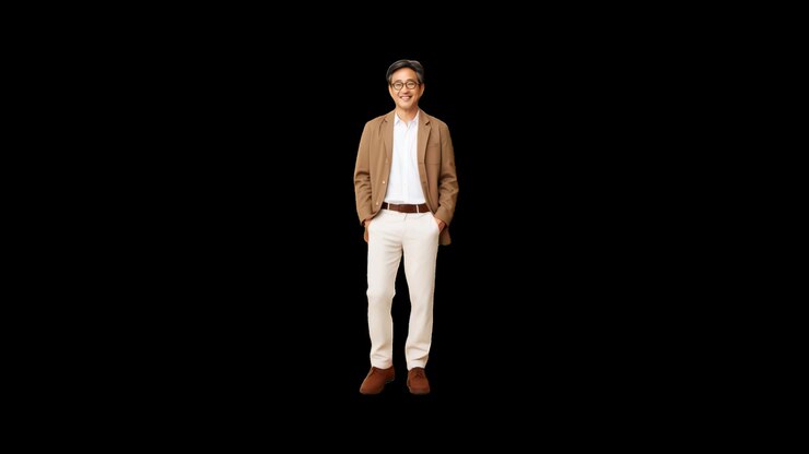 Asiatisk mand i business casual tøj går mod sort baggrund