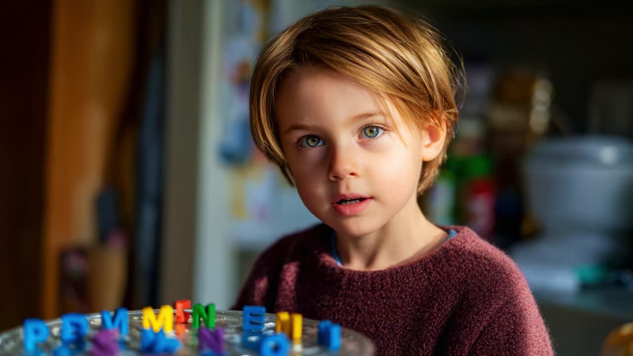 Un bambino piccolo con gli occhi azzurri sorride alla fotocamera, circondato da lettere colorate su un tavolo, catturando la gioia delle interazioni infantili e dei momenti di apprendimento