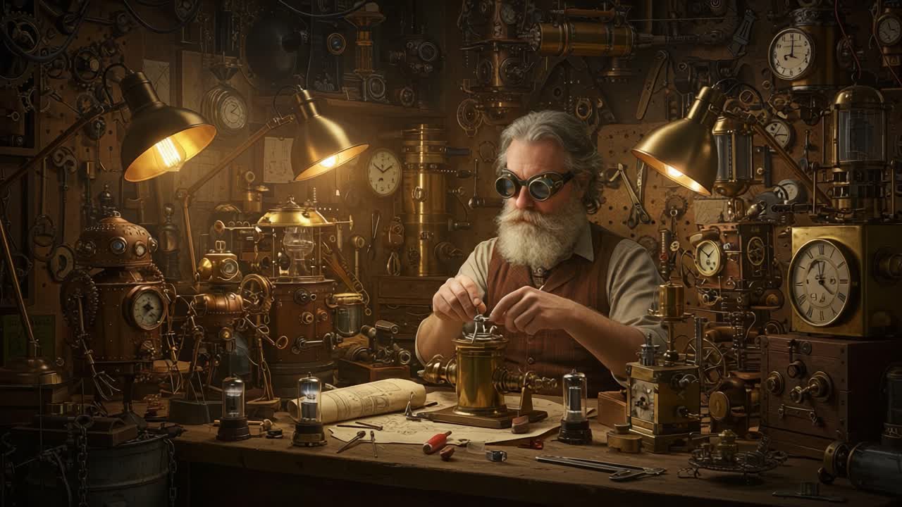 An Inventive Artisan at Work: Capturing the Artistry of Steampunk Creations and Intricate Mechanical Craftsmanship in a Timeless Workshop Setting
