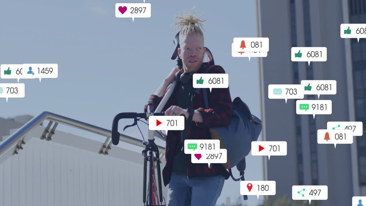 Man carrying bicycle climbing urban ramp, with floating social media icons showing marketing data