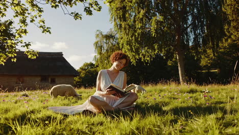 woman enjoying a book and the outdoors in a peaceful pastoral setting
