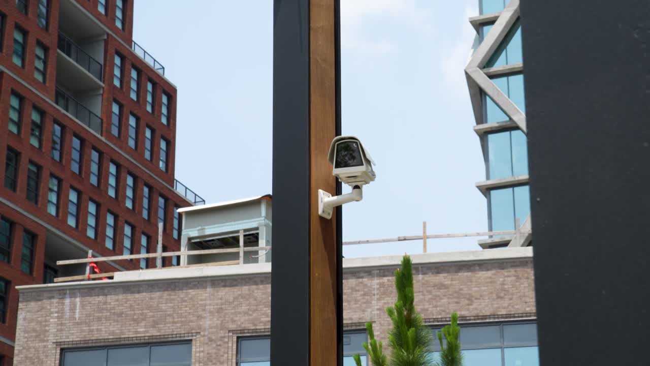 Wide shot of a public security camera in the city