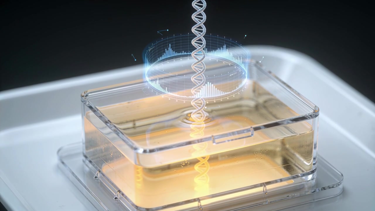Powering clear lab chamber holding pale yellow medium at bench, projecting DNA helix for analysis