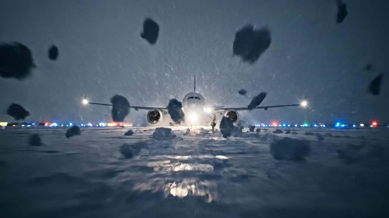 Aereo che atterra o decolla in condizioni meteorologiche nevose