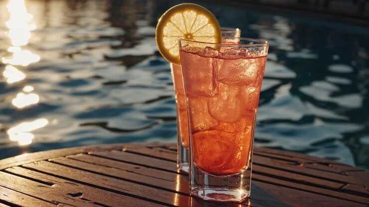 Close-up video of iced tea glasses with lemon by a poolside at sunset