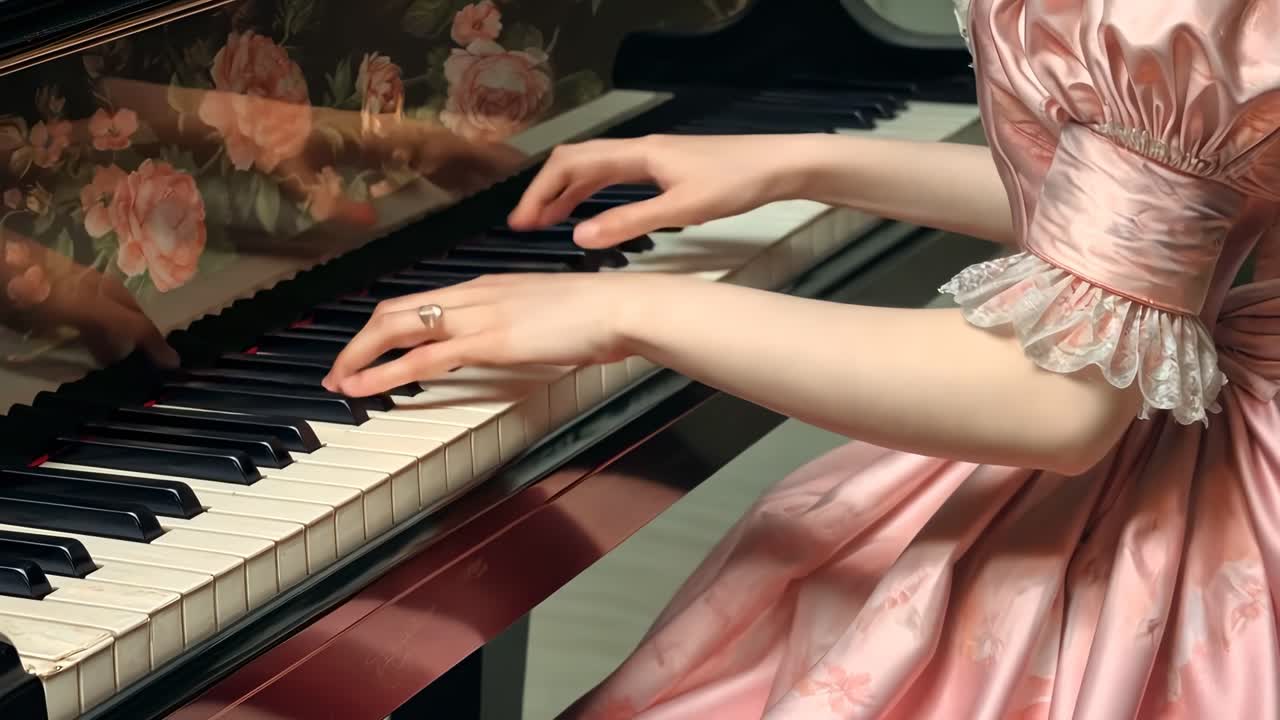 A close-up video angle captures elegant hands playing a floral-patterned piano