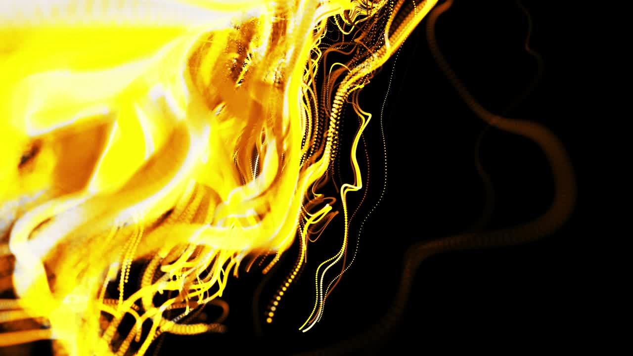 abstracto hermoso fondo de amarillo brillante flujo de líneas hechas de partículas. líneas crecen y forman abstractos hermosos rizos en el espacio. hermoso flujo de líneas de racimo en movimiento. hermosas rizos.