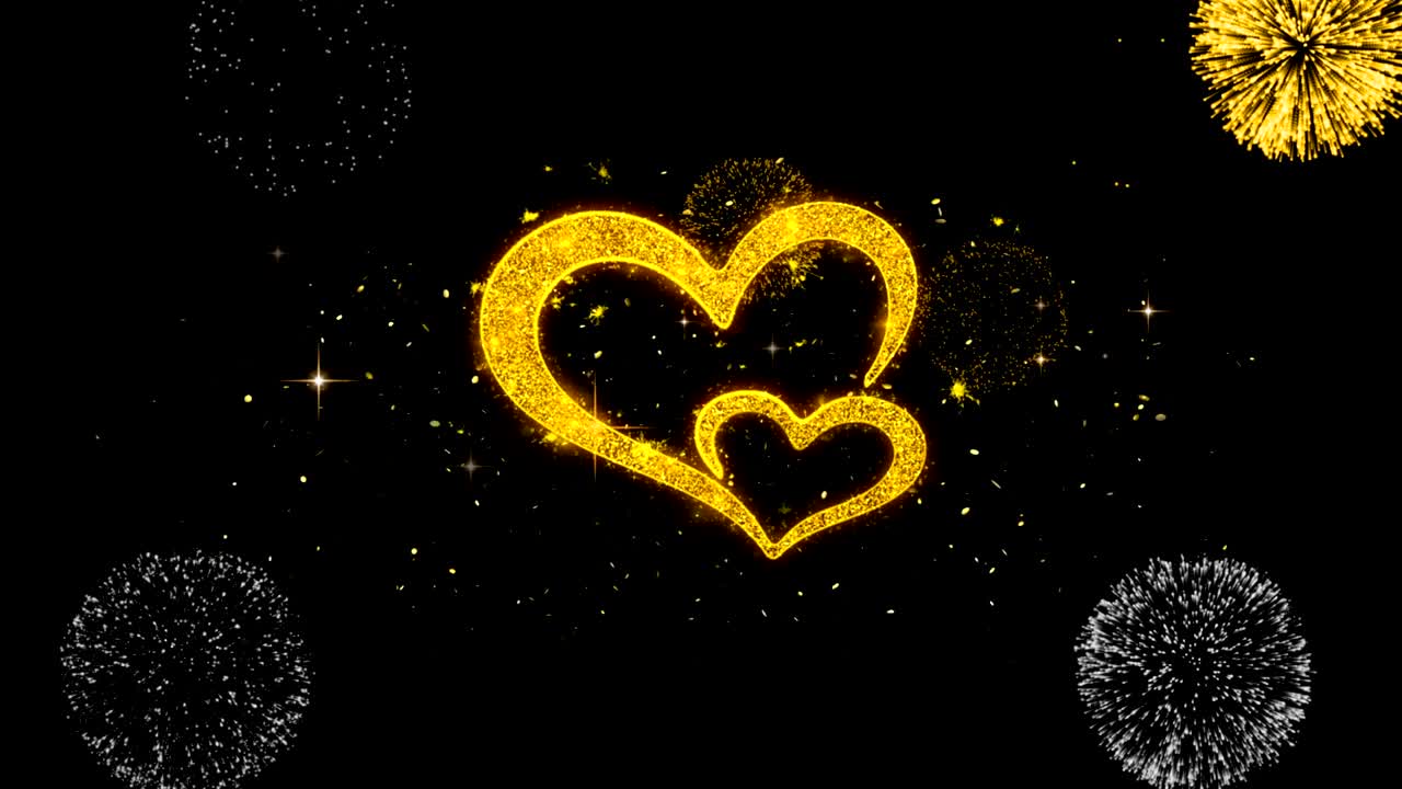 발렌타인 데이 사랑과 마음은 황금 불꽃놀이 전시와 함께 황금 입자