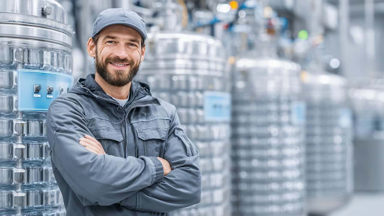 Confident Male Operator Standing in Front of Industrial Machinery, Showcasing Expertise and Professionalism in a Modern Facility Setting