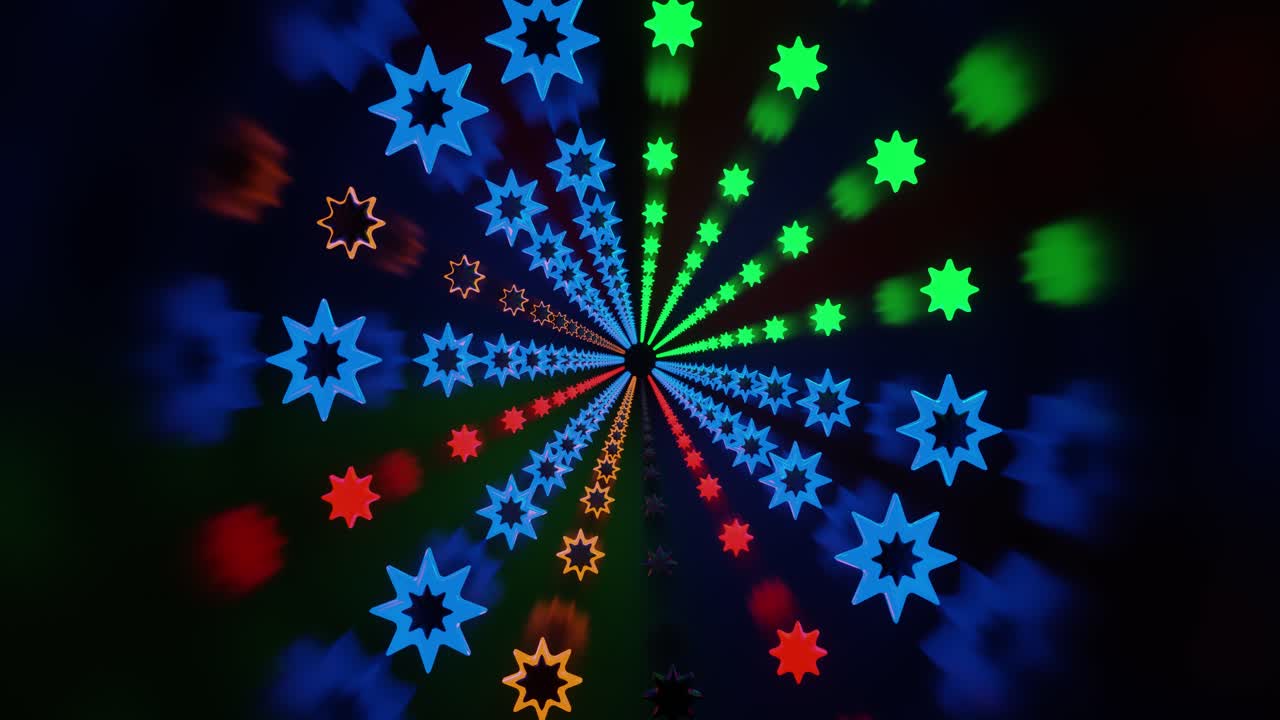 Colorful star shapes in bright hues spiral outwards in a captivating display. This seamless looping design adds energy and vibrancy, perfect for any engaging environment