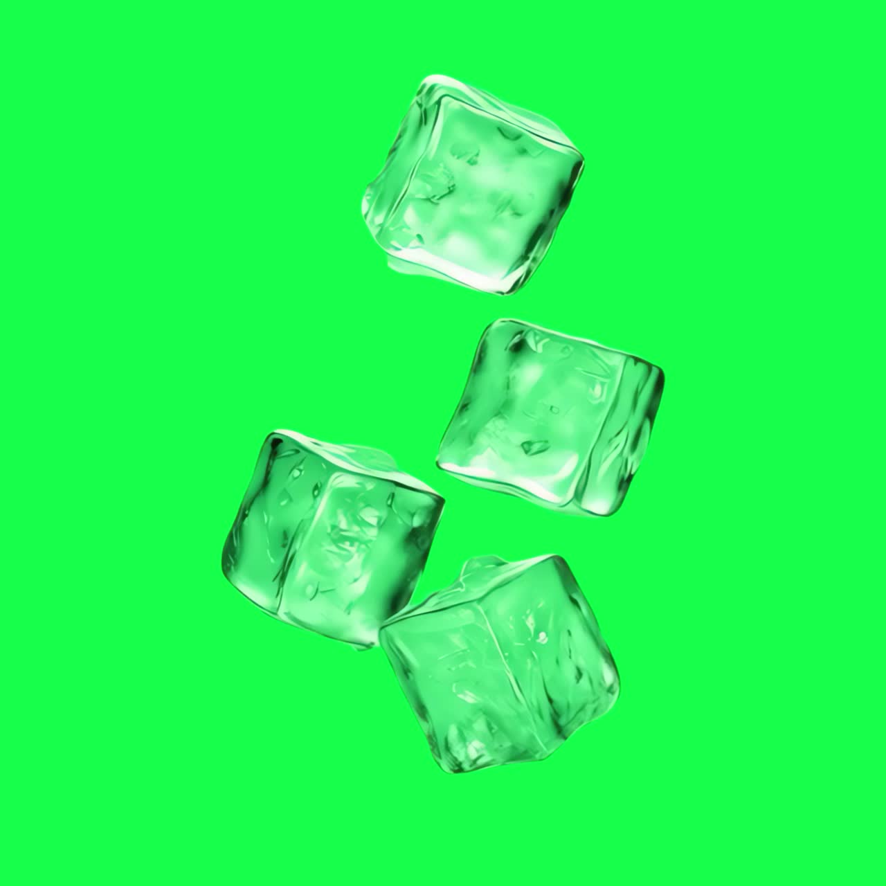 Animazione di cubetti di ghiaccio galleggianti, video 4K trasparente, green screen
