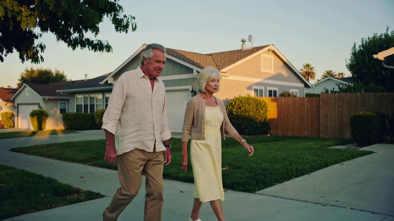 Entrando pela esquerda, um casal de idosos compartilhando uma caminhada ao pôr do sol em uma calçada suburbana, vestindo roupas casuais.